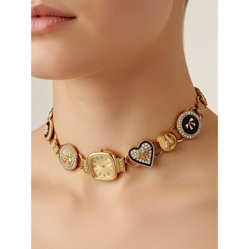 Gold Watch Charm Necklace Crystal Heart Y2K Luxe Statement Choker